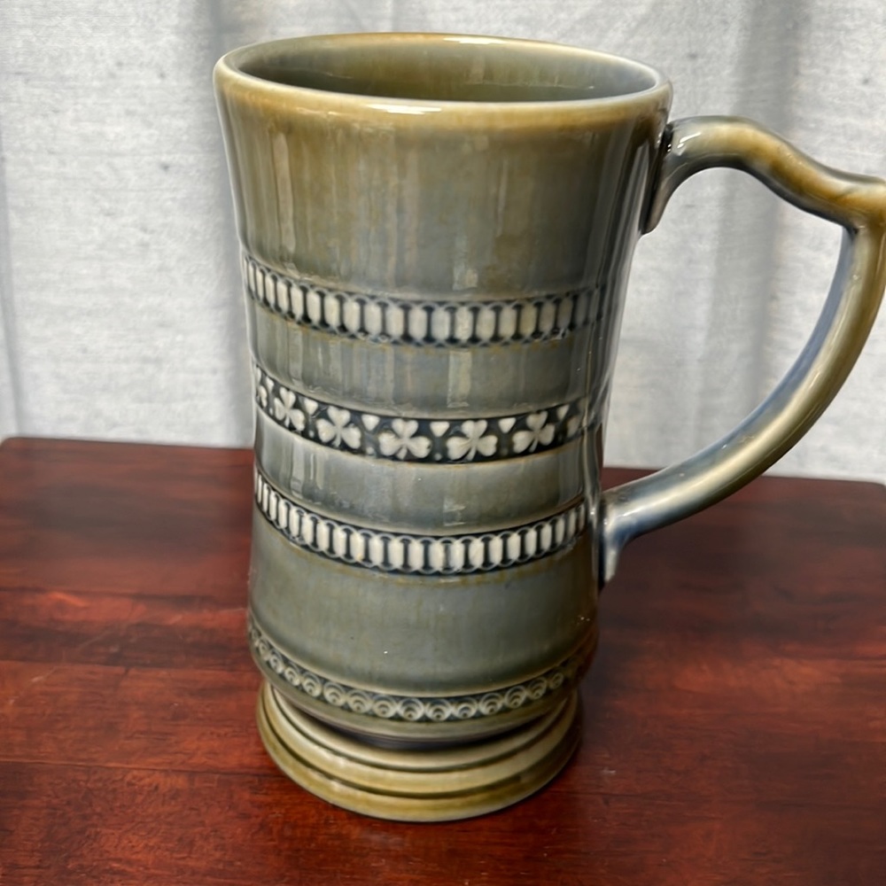 Vintage Wade Irish Porcelain Tankard Mug, Green Blue Shamrocks, Made in Ireland